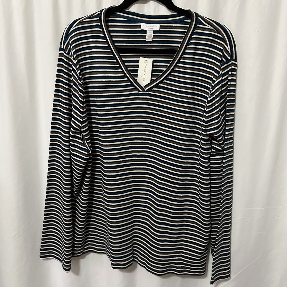 Charter Club Woman Multi Color Sparkle Teal V Neck Long Sleeve Tee 3X